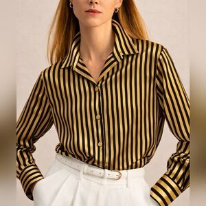 Vintage Joan Leslie Satin Stripe Button Front Blouse Black Gold Luxe Chic Size 6